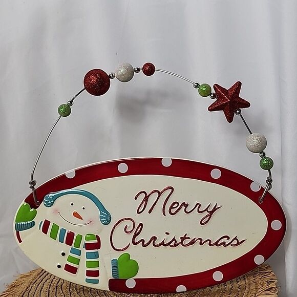 Snowman Merry Christmas Weighted Glitter Polka Dot Painted Sign - Picture 1 of 3